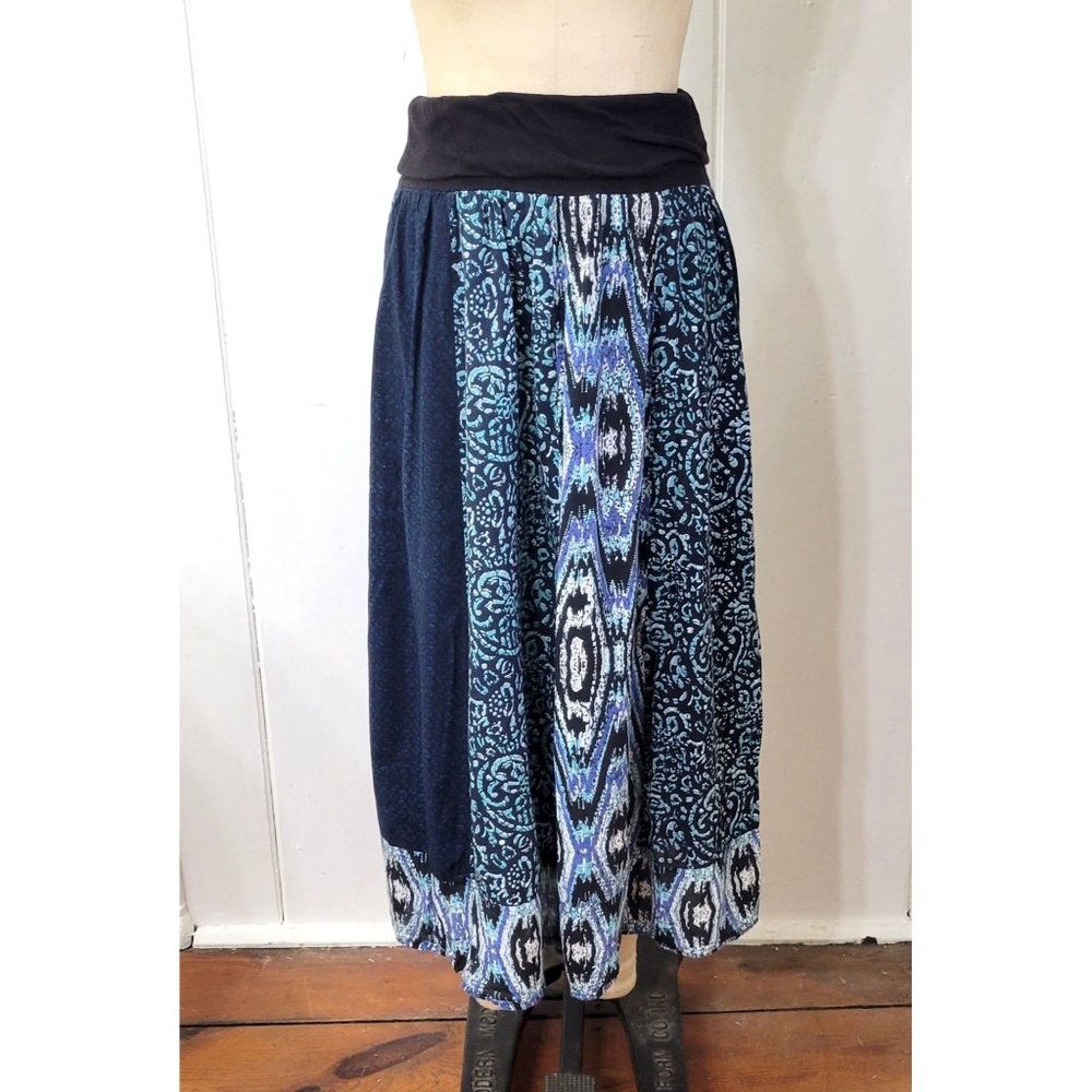 Fire Los Angeles Boho Blue Cotton Printed Patchwork Maxi Skirt - Picture 6 of 6